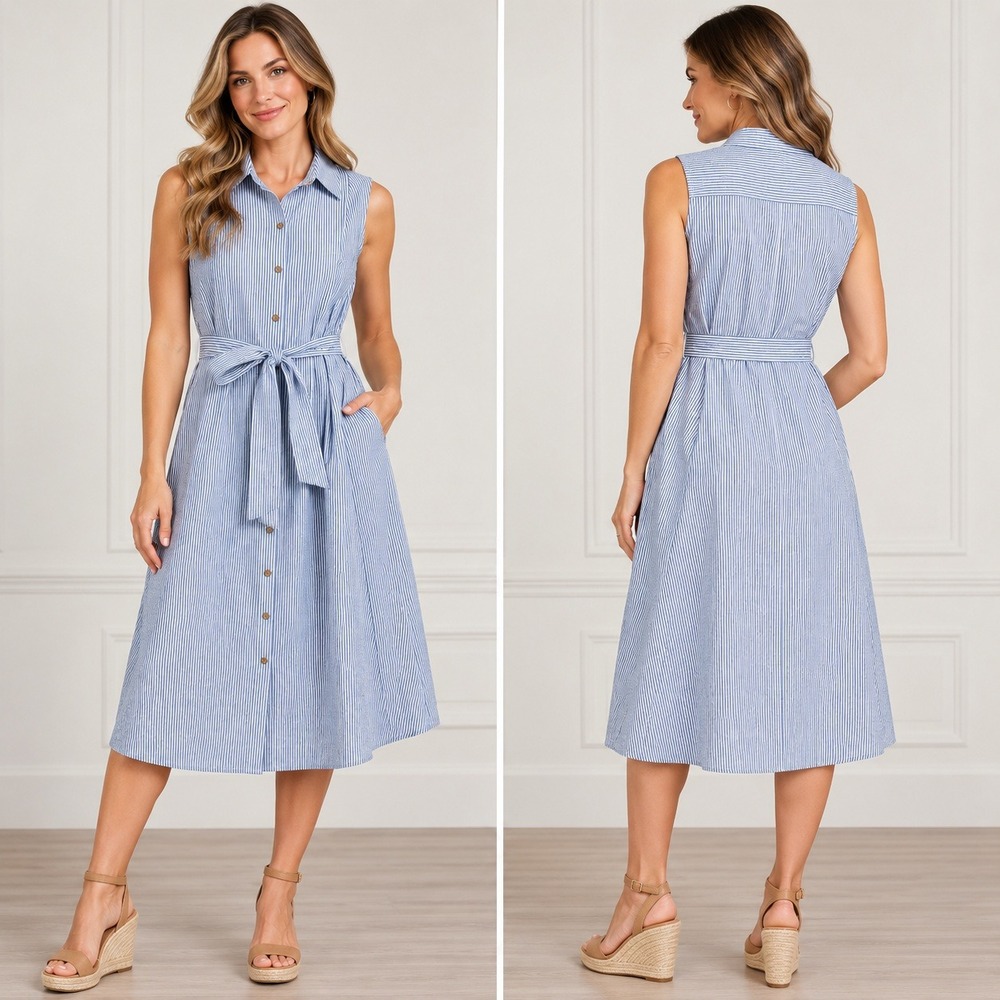 Anne Klein Seersucker Shirtdress Coastal Nautical 14 Blue White Stripe Midi
